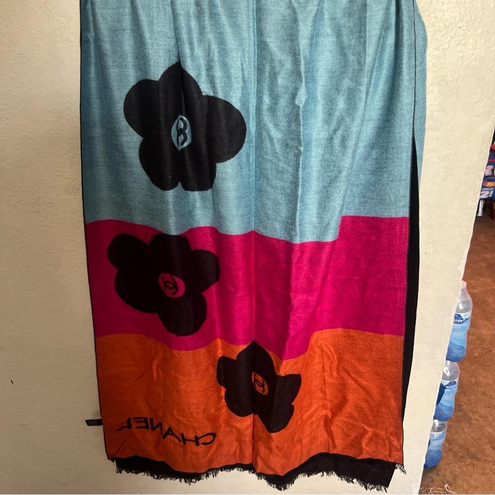 CHANEL Vibrant Floral Scarf in Blue, Pink, and Orange